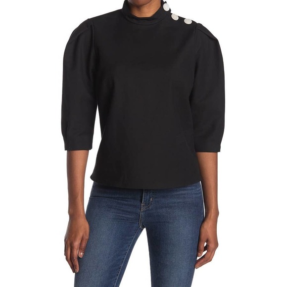 ba&sh Tops - ba&sh Black Half Sleeve Mock Neck Button Shoulder Piz Pleated Puff Blouse Size 6